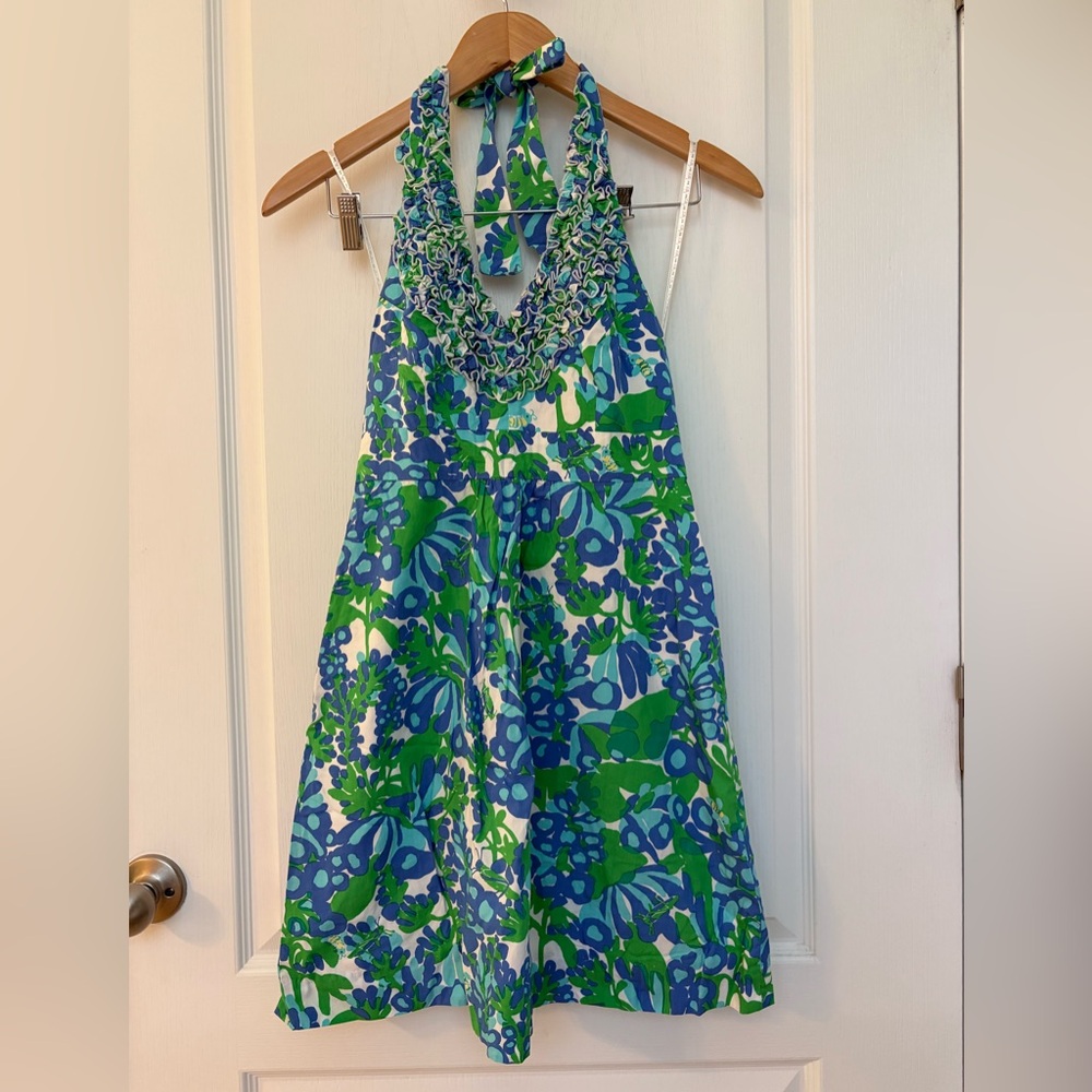 Lilly Pulitzer Ruffled Halter Dress – Size 0 – Vibrant Blue & Green Floral Print